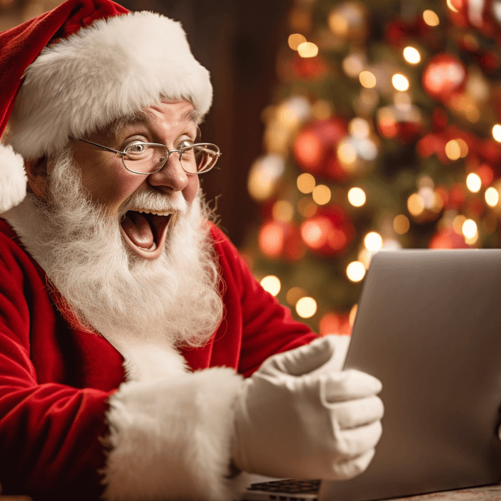 Si Santa sa kanyang computer ay gumagawa ng live na video chat